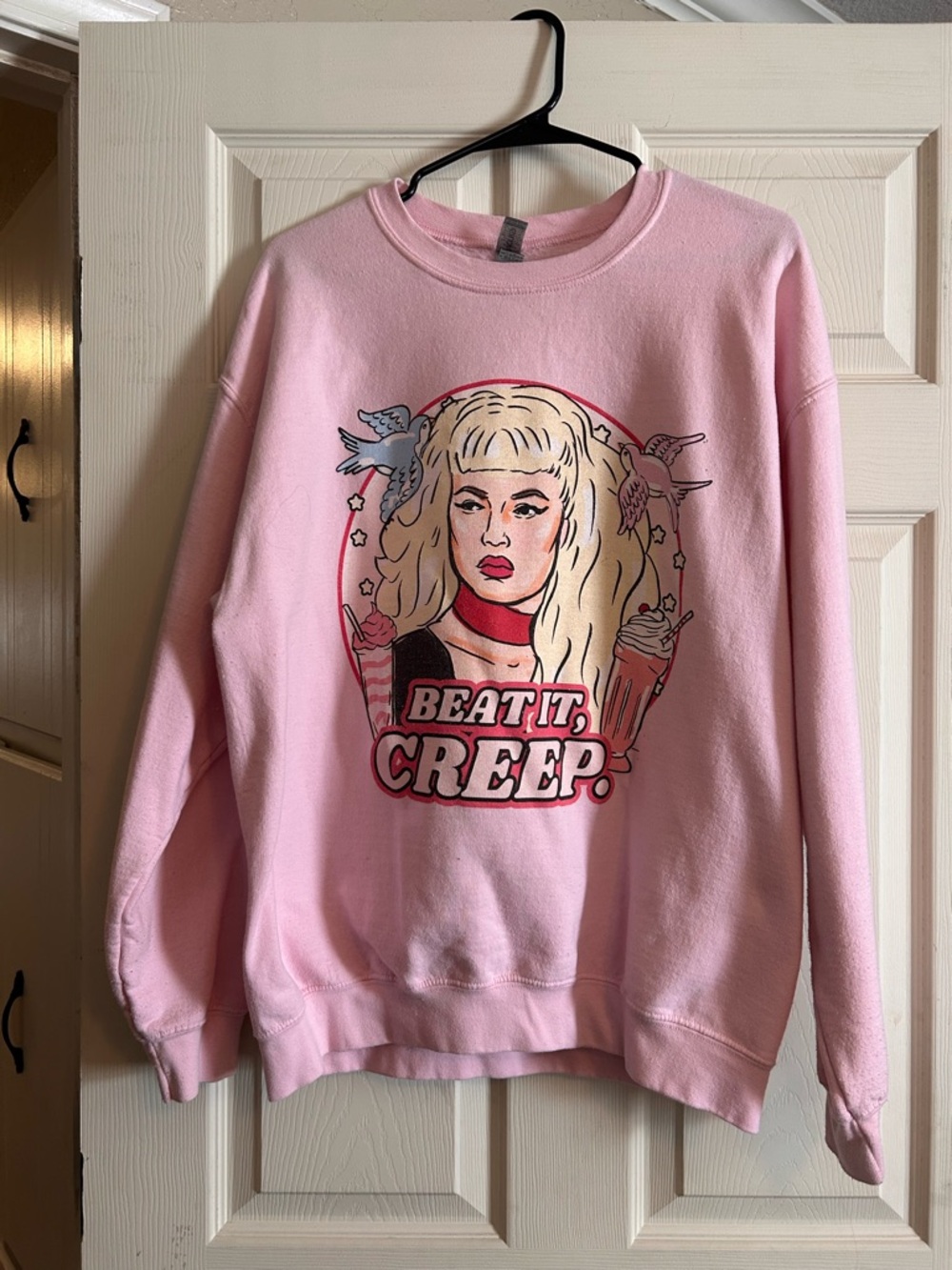 Pink Cry-Baby Graphic "Beat It, Creep." Crewneck Sweatshirt